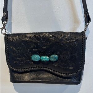 Paige Wallace black hand-tooled leather crossbody bag with genuine turquoise